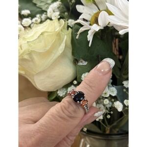 2.73 Cttw Onyx and Garnet 3 Stone Ring For Women | 925 Sterling Silver |